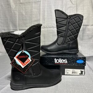 Totes Winter Boots Womens 7 W Black Lined Faux Fur Sherpa Waterproof Quilted